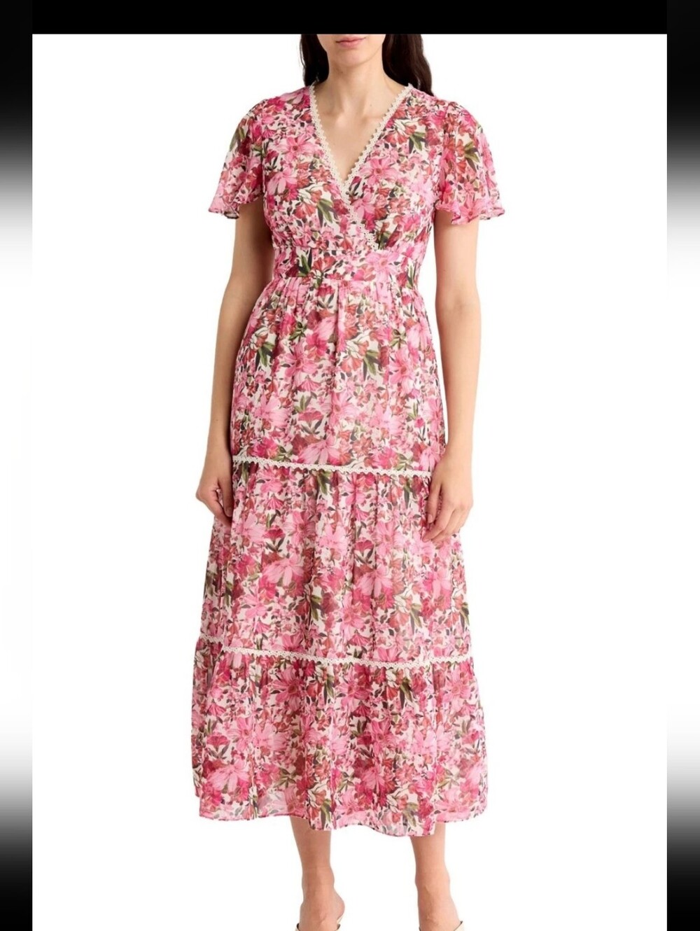 Anne Klein Size 2 Pink Floral Maxi Dress Tiered Lace Trim NWT $159